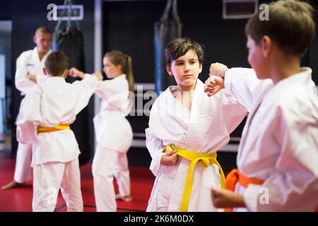 Zwei Jungen arbeiten zu zweit und meistern neue Karate-Bewegungen Stockfoto