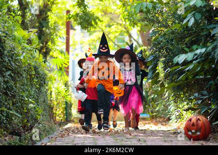 Kind in Halloween-Kostüm. Asiatische und kaukasische Kinder mit gemischten Rassen tricksen oder gönnen sich auf der Vorstadtstraße. Kleiner Junge und Mädchen mit Kürbislaterne und Süßigkeiten Stockfoto