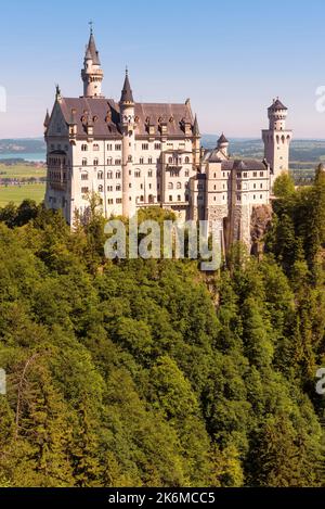Schloss Neuschwanstein im Wald, Deutschland. Vertikale Ansicht des alten deutschen Schlosses auf der Bergspitze, Wahrzeichen Bayerns in Münchens Nähe. Thema der Natur, Stockfoto