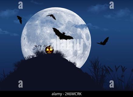 Ein glühender Bube oder Laterne ist auf dem Hügel in der Nacht mit Fledermäusen fliegen über und ein Vollmond im Hintergrund gesehen. Dies ist eine 3-d-Abbildung. Stockfoto