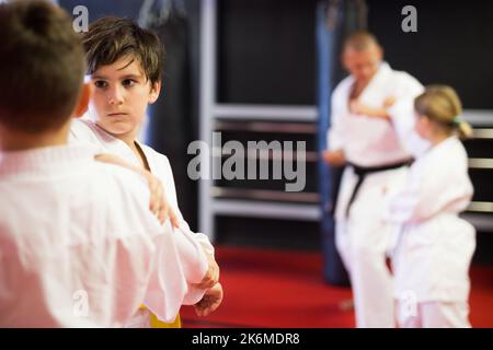 Zwei Jungen arbeiten zu zweit und meistern neue Karate-Bewegungen Stockfoto