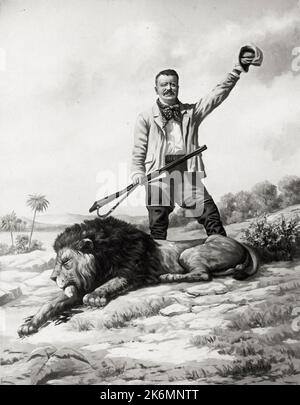 Präsident Theodore Roosevelt mit einem toten Löwen, den er 1909 während einer Safari-Reise nach Afrika auf die Jagd nach großen Wildbresten schoss Stockfoto