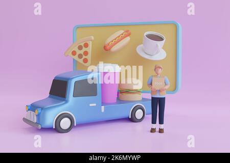 3D Abbildung des Food Trucks. Hot Dog Fast-Food-Auto. Burger LKW . Pizzawagen. Mobiles Fast Food 3D Rendering Stockfoto