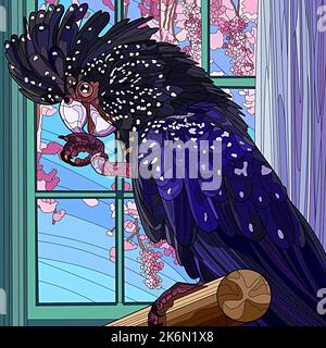 Illustration eines blauen Papagei auf einem Fensterhintergrund und rosa Blüten Stockfoto