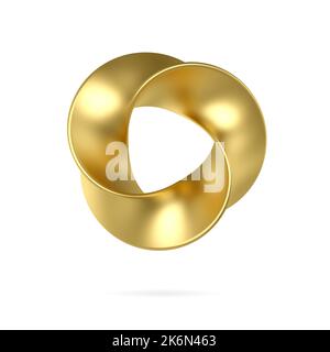 3D Gold mobius Streifenring heilige Geometrie. Vorderansicht des Abdeckungsdesigns isoliert auf weißem Hintergrund. Minimale Kunst, abstrakte digitale Illustration. 3D Rend Stockfoto