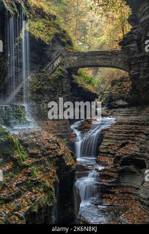 Watkins Glen Rainbow Falls New York - Herbstbäume und Herbstlaub in felsigen Schluchtenfarben in Finger Lakes - Wasserfall Bridge Wasserfälle im US State Park Stockfoto