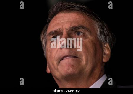 Sao Paulo, Brasilien, 09. August 2022. Jair Messias Bolsonaro, brasilianischer Präsident bei der Pressekonferenz. Stockfoto