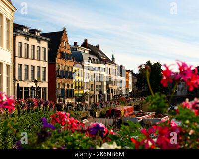 Sommeransicht von Gent mit typischen flämischen Stadthäusern am Ufer des Flusses Leie Stockfoto