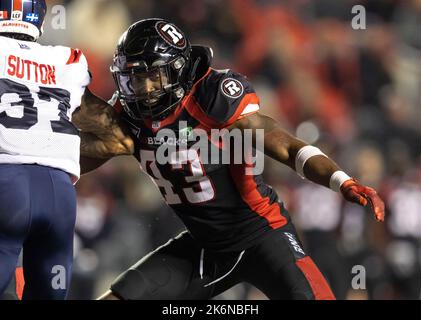 Kanada. 14. Oktober 2022. (Ottawa, Kanada ---14. Oktober 2022) Shaheed Salmon (43) der Ottawa Redblacks in einer regulären Saison Canadian Football League (CFL) Spiel zwischen den Montreal Alouettes an der Ottawa Redblacks. Quelle: Sean Burges/Alamy Live News Stockfoto