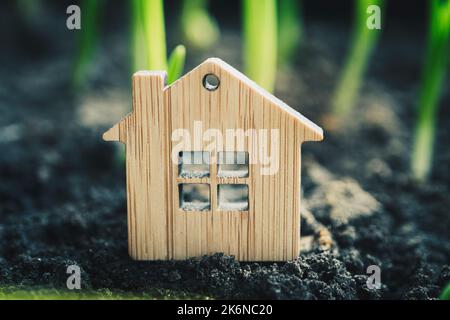 Miniatur-Holzhaus auf grünem Moos. Das Konzept des Verkaufs, der Versicherung oder der Vermietung von Immobilien. Stockfoto