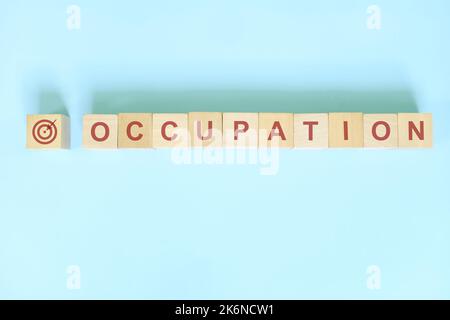 Demografische Beschäftigung Targeting für Business Marketing und Werbekonzept. Worttypografie flach lag auf blauem Hintergrund. Stockfoto