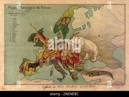 Vintage humorvolle Landkarte von Europa im Jahr 1914 vom portugiesischen Maler und Illustrator Antonio Soares. Länder werden als Tiere dargestellt, und es gibt einen nummerierten Schlüssel. Stockfoto