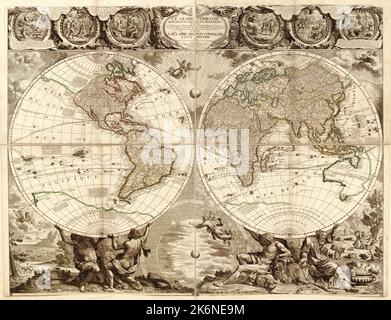 Vintage Französisch illustrierte Karte der Welt ca. 1708, Kartenprojektion hat zwei Hemisphäre, und Einsätze zeigen die Geschichte von Adam und Eva aus dem Buch Genesis in der Bibel Stockfoto