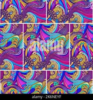 Nahtloses, druckvolles Vektormuster, abstraktes Design, stark gesättigte Textur, Retro-Stil Fluss Färbung Buch Linien Effekt Stock Vektor