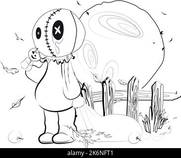 Trick or Treat Malseite. Halloween Malvorlagen für Kinder. Cartoon Kinder in Halloween Kostümen. Vektorgrafik Stock Vektor