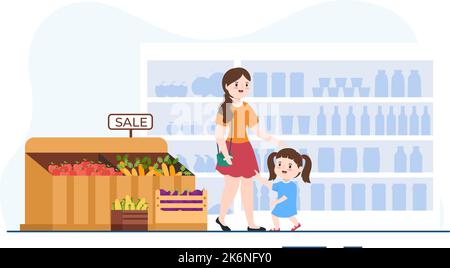 Lebensmittelgeschäft oder Supermarkt mit Lebensmittelproduktregalen, Racks Milchprodukte, Früchte und Getränke zum Einkaufen in flachen Cartoon Handgezeichnete Vorlagen Illustration Stock Vektor