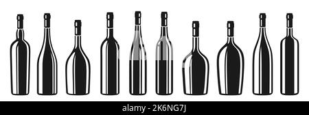 Weinflasche verschiedene Formen Silhouette gesetzt. Verschiedene Arten von alkoholischen Getränken rot, weiß, Sekt Champagner Likör. Feier Werbung leere Flaschen Gravur Stempel Design für Bar, Café Stock Vektor