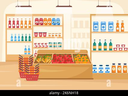 Lebensmittelgeschäft oder Supermarkt mit Lebensmittelproduktregalen, Racks Milchprodukte, Früchte und Getränke zum Einkaufen in flachen Cartoon Handgezeichnete Vorlagen Illustration Stock Vektor