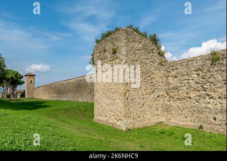 Ein Teil der alten Mauern und Türme, die das historische Zentrum von Figline Valdarno, Florenz, Italien umgeben Stockfoto