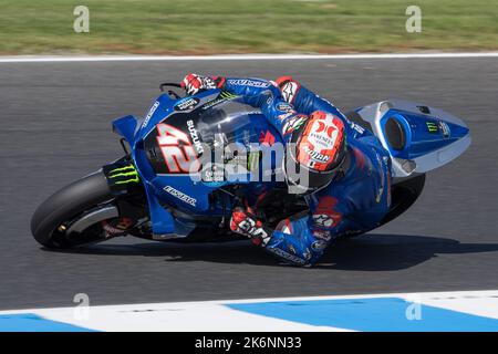 15. Oktober 2022: Alex Rins (SPA) auf der Nr. 42 Suzuki vom Team Suzuki Ecstar am Qualifikationstag für den Animoca Brands Australian Grand Prix 2022 auf dem Phillip Island Grand Prix Circuit, Victoria, Australien. Sydney Low/Cal Sport Media Stockfoto