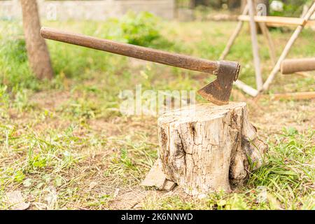 Rostige Axt wurde im Garten an einen Baumstamm genagelt Stockfoto