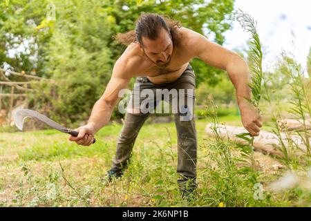 Starker Mann, der Gras mit einer Sichel schneidet Stockfoto