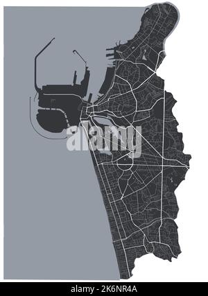 Colombo Vektorkarte. Detaillierte Vektorkarte von Colombo Stadtverwaltung. Blick auf das Stadtbild mit Postern und die Arie der Metropole. Schwarzes Land mit weißen Straßen und Stock Vektor