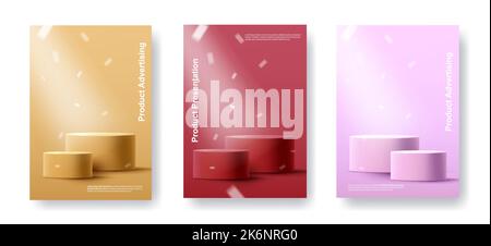 3D Sockel-Illuration mit Spotlight und Konfetti, Schablonensatz aus Flyern oder Werbeplakaten in verschiedenen Farben, isoliert Stock Vektor