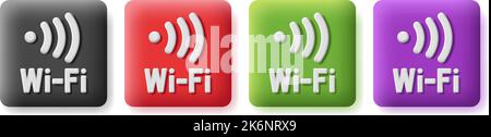 WiFi-Schild, quadratisches Etikett oder Aufkleber in verschiedenen Farben mit weißen Buchstaben, isoliert Stock Vektor