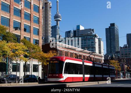 Eine TTC-Straßenbahn fährt die Spadina Avenue in der Innenstadt von Toronto entlang, wobei der CN Tower im Hintergrund zu sehen ist. Im Herbst und an klaren Tagen. Stockfoto