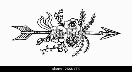 Pfeil mit Blumen, Zweige mit Blättern, Federn, einfache Doodle-Zeichnung, Tiefdruck-Stil Stockfoto