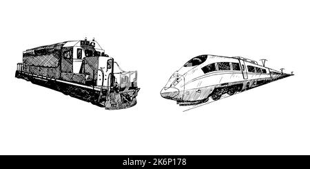 Diesel- und Hochgeschwindigkeitszug, handgezeichnete Doodle-Skizze, isolierte Umrissdarstellung Stockfoto