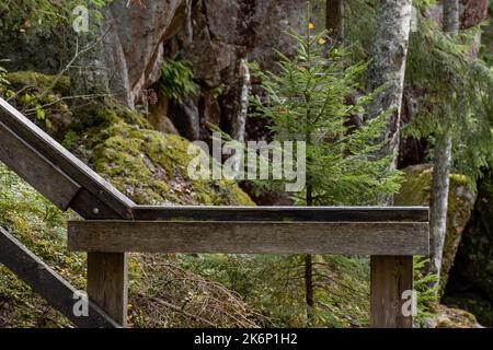 Leeres Holzschild am Handlauf am Fuß der Treppe in der Natur Stockfoto
