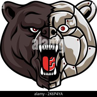 Illustration von Grizzly Bear Head Roaring mit einem halben Robotergesicht Stock Vektor