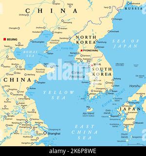 Region der koreanischen Halbinsel, politische Landkarte. Halbinsel Korea in Ostasien, aufgeteilt auf die 2 Länder Nord- und Südkorea. Stockfoto