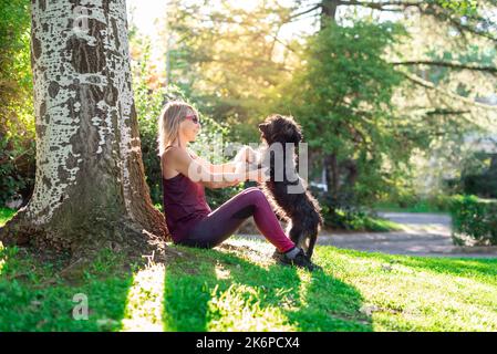 Eine blonde kaukasische Frau mittleren Alters mit Brille neben einem Baum im Park, die mit ihrem katalanischen Schäferhund spielt. Liebe für Tiere Stockfoto