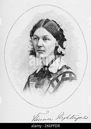 Florence Nightingale (1820-1910), 19. Jahrhundert. Nightingale, berühmt für ihre Arbeit während des Krimkrieges, wo sie den Titel „die Dame mit der Lampe“ erhielt, wird auch dafür verehrt, dass sie mit der Einrichtung ihrer Krankenpflegeschule am St. Thomas's Hospital in London den Grundstein für eine professionelle Krankenpflege gelegt hat. Stockfoto