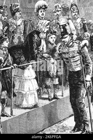 Königin Victoria (1819-1901), Verteilung der Krim-Medaille, Horse Guards Parade, London, c1854. Der Krimkrieg wurde von Oktober 1853 bis Februar 1856 geführt. Die Krim-Medaille war eine am 15. Dezember 1854 genehmigte Wahlkampfmedaille, die an Offiziere und Männer britischer Einheiten (Land und Marine) verliehen wurde, die im Krimkrieg von 1854-56 gegen Russland gekämpft hatten. Stockfoto