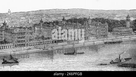 St. Thomas' Hospital, c1868. Das heutige St. Thomas' Hospital wurde von Henry Currey (1820-1900) entworfen. Das Hotel liegt an einem Ort, der historisch als Stangate im Londoner Stadtteil Lambeth bekannt ist, direkt gegenüber der Themse vom Palace of Westminster. Der Grundstein wurde 1868 von Königin Victoria gelegt. Stockfoto