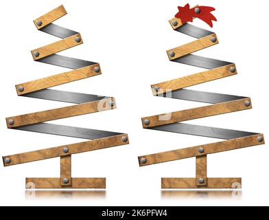 3D Illustration von zwei kleinen hölzernen Weihnachtsbäumen mit rotem Kometenstern isoliert auf weißem Hintergrund und Reflexionen. Stockfoto