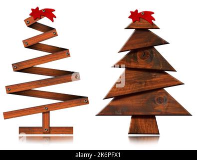 3D Illustration von zwei kleinen hölzernen Weihnachtsbäumen mit rotem Kometenstern isoliert auf weißem Hintergrund und Reflexionen. Stockfoto