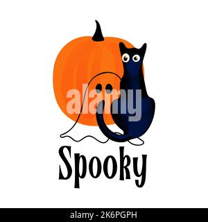 Halloween Illustration mit Kürbis, Geist und schwarzer Katze mit Text Spooky isoliert auf weißem Hintergrund Stock Vektor