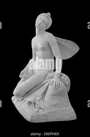 Alte Statue. Psyche in einer schwachen Skulptur von Pietro Tenerani in der Eremitage. Masterpiece isoliertes Foto mit Beschneidungspfad Stockfoto