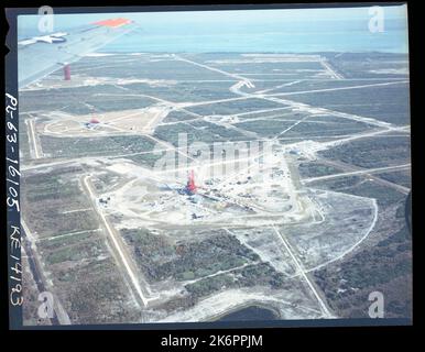 Luftaufnahme des Launch Pad-Bereichs am Cape Canaveral, Florida. Luftaufnahme des Launch Pad-Bereichs am Cape Canaveral, Florida. Stockfoto