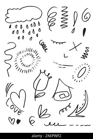 Handgezeichnete Set-Elemente, schwarz auf weißem Hintergrund. Pfeil, Herz, Liebe, Stern, Blatt, Sonne, Licht, Blume, Schwüle, Schwüle, Betonung, Wirbel, Für das Konzept Stock Vektor