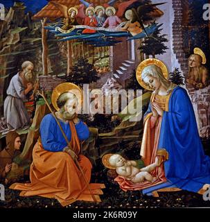 Anbetung des Christkindes mit dem heiligen Josef, dem heiligen Hieronymus, dem heiligen Hilarion, der heiligen Maria Magdalena und den Engeln, Filippo Lippi, um 1455, Florenz, Italien. Stockfoto