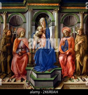 Madonna mit Kind, mit, St. Francis, St. Cosmas, St. Damian , St. Antonius von Padua, Filippo Lippi, 1440-1445,Florenz, Italien, Uffizien. Stockfoto