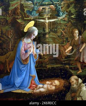 Anbetung des Christkindes, mit, Johannes dem Täufer, Romuald, Engel, Hände Gottes des Vaters, und, Heiliger Geist als Taube, von, Filippo Lippi, , Florenz, Italien. Stockfoto