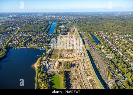 Luftaufnahme, geplantes Duisburger Wohnquartier am ehemaligen Rangierbahnhof Wedau, Wedau, Duisburg, Ruhrgebiet, Nordrhein-Westfalen, Deutschland, Konst Stockfoto