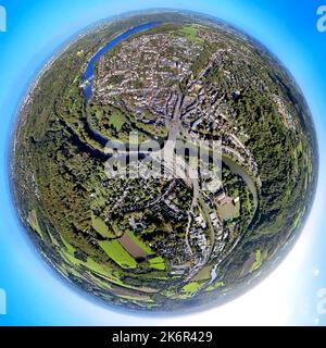 Luftaufnahme, Ruhrgebiet durch Essen werden, Brehminsel und Gustav-Heinemann-Brücke, Baldeneysee-Wehr, Fischaugenaufnahme, Fischaugenaufnahme, 360-Grad-Aufnahme, Stockfoto